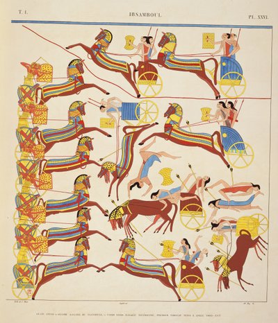 Interpretación de los frescos en Ibsambul que representan una batalla con carros, de 